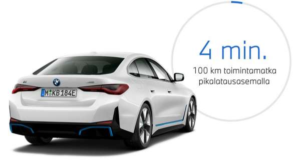 BMW i4 eDrive40 G26 2021 3/4-näkymä perästä ja graafinen kuva latauksen kestosta BMW i4 eDrive40 G26 2021 3/4-näkymä perästä ja graafinen kuva latauksen kestosta