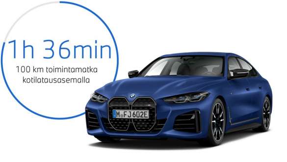 Kolmen neljäsosan näkymä edestä BMW i4 M50 eDrive40 G26 2021 BMW i4 M50 eDrive40 G26 2021 BMW Individual -metalliväri Frozen Portimao Blue, 3/4-näkymä edestä ja kuva latauksen kestosta