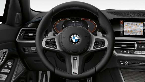 Mukautuva sport-ohjaustehostus, ohjaamo, BMW M340i xDrive Sedan G20 2020 Mukautuva sport-ohjaustehostus, BMW M340i xDrive Sedan G20 2020, metalliväri Black Sapphire, ohjaamo, sisätila