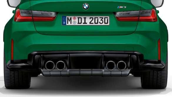 Pakoputkenpäät, kromatut, BMW M3 Sedan G80 2020 BMW M3 Sedan G80 2020 metalliväri Isle of Man Green, kromatut pakoputkenpäät, näkymä perästä