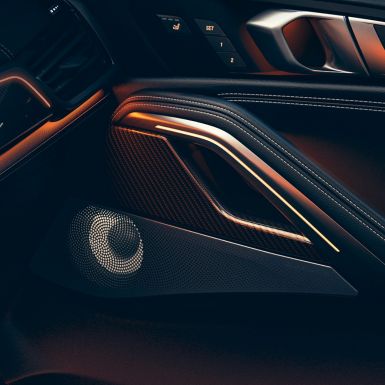 BMW X6, kaiuttimet. Lähikuva BMW:n sisätilassa olevasta kaiutinkotelosta.
