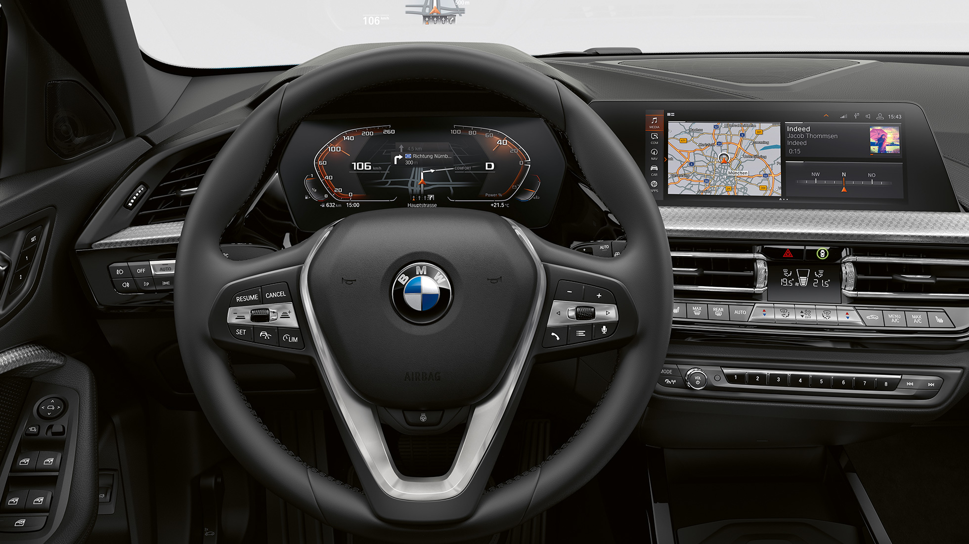 Nahkainen urheiluohjauspyörä. BMW 1-sarjan Luxury Line -paketti, ohjaamossa nahkainen urheiluohjauspyörä.