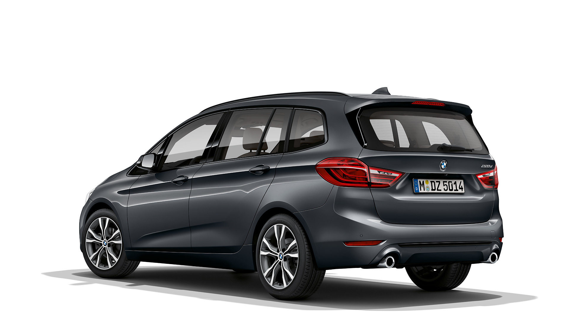 Kolmen neljäsosan näkymä keulasta, BMW 2-SARJAN Gran Tourer Business Sport BMW 2-SARJAN Gran Tourer 220d Business Sport F46 Facelift 2018 metalliväri Mineral Grey, kolmen neljäsosan näkymä keulasta