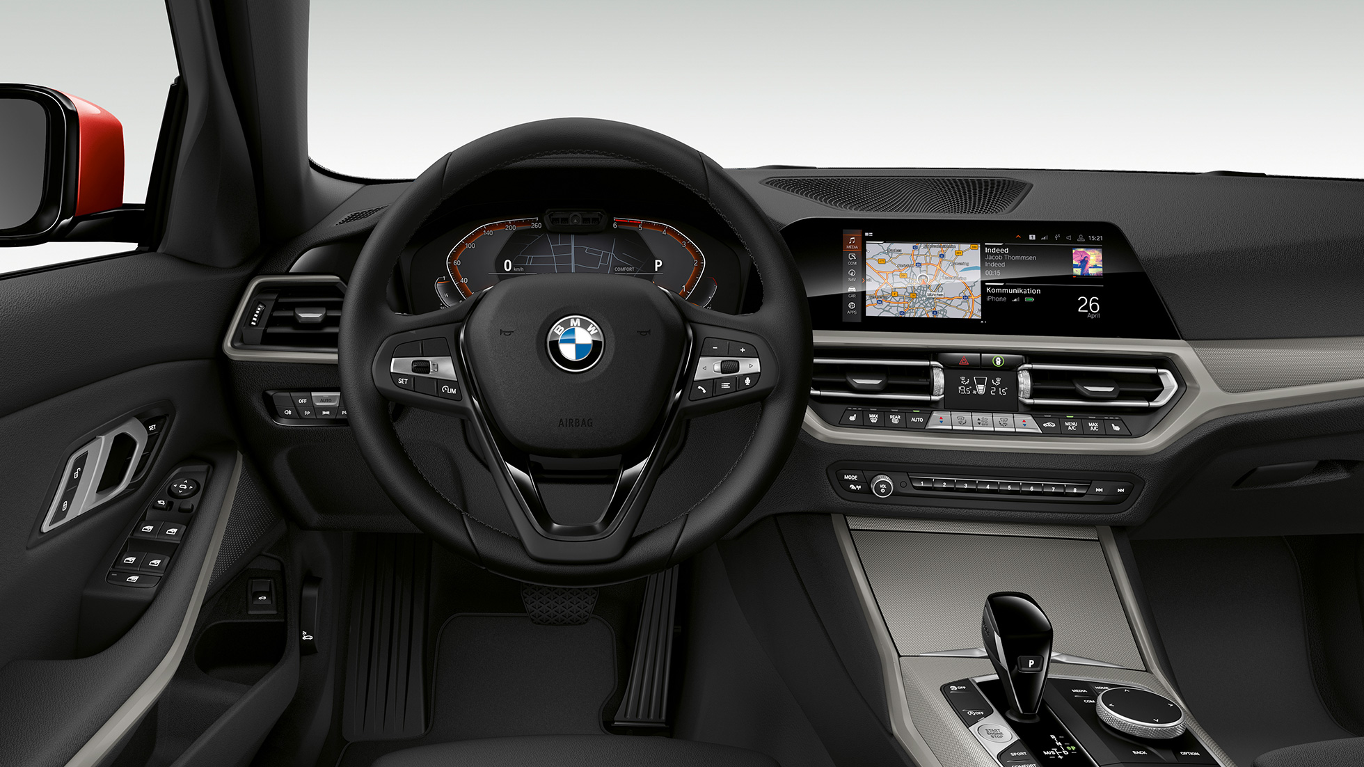 BMW 3-sarjan Sedan, Business-varustellun mallin ohjaamo. Lähikuva Business-varustellun BMW 3-sarjan Sedanin sisätilasta kuljettajan puolelta.