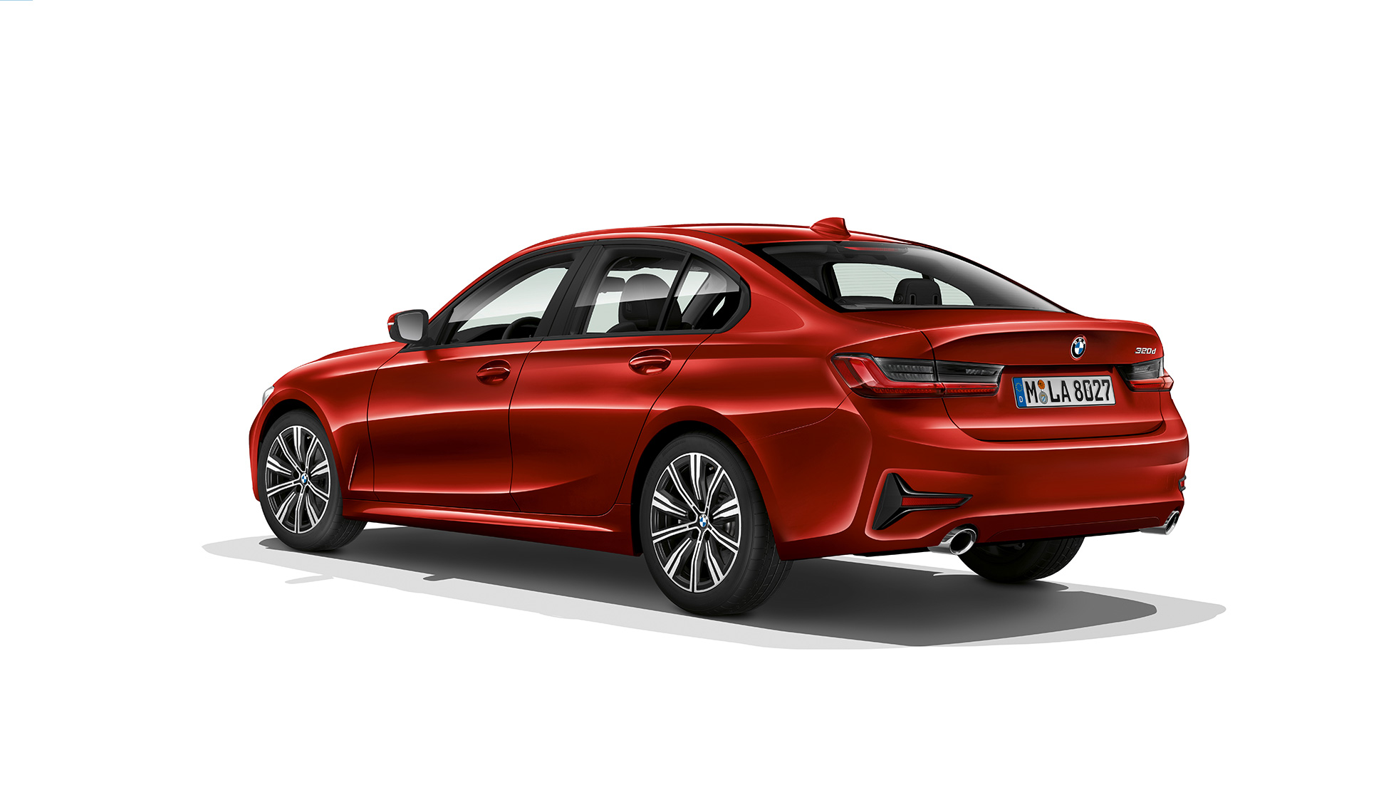 BMW 3-sarjan Sedan, Business-varustellun auton perä. Kolmeneljäsosakuva Business-varustellun BMW 3-sarjan Sedanin perästä.