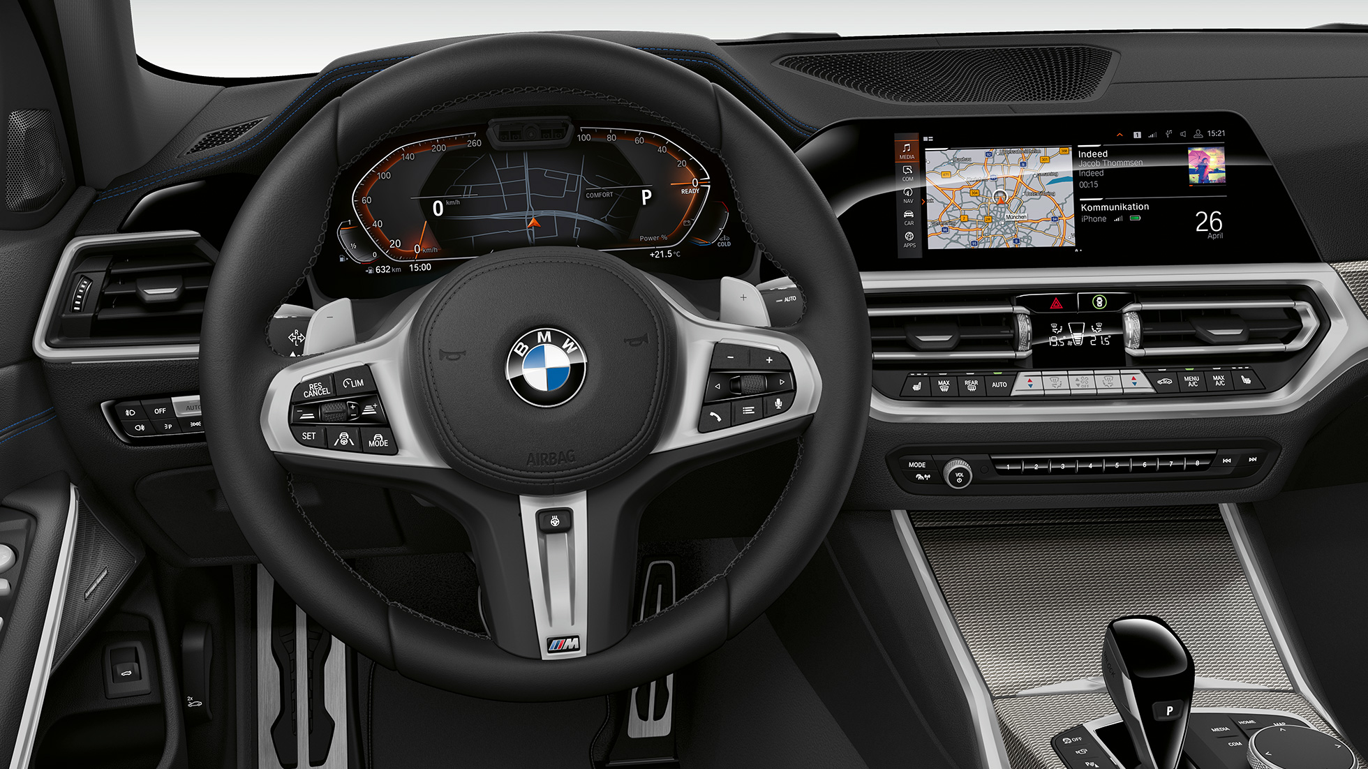 BMW 3-sarjan Sedan, Business Sport -mallin BMW 3-sarjan Sedan, Business Sport -mallin ohjaamo. Lähikuva BMW 3-sarjan Sedanin Business Sport -mallin sisätilasta kuljettajan puolelta.