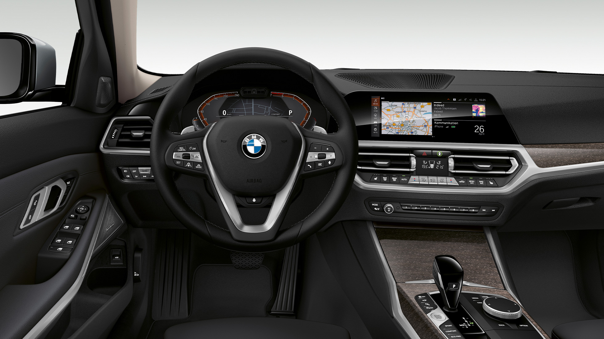 BMW 3-sarjan Sedan, Business Luxury -mallin ohjaamo. Lähikuva BMW 3-sarjan Sedanin Business Luxury -mallin sisätilasta kuljettajan puolelta.