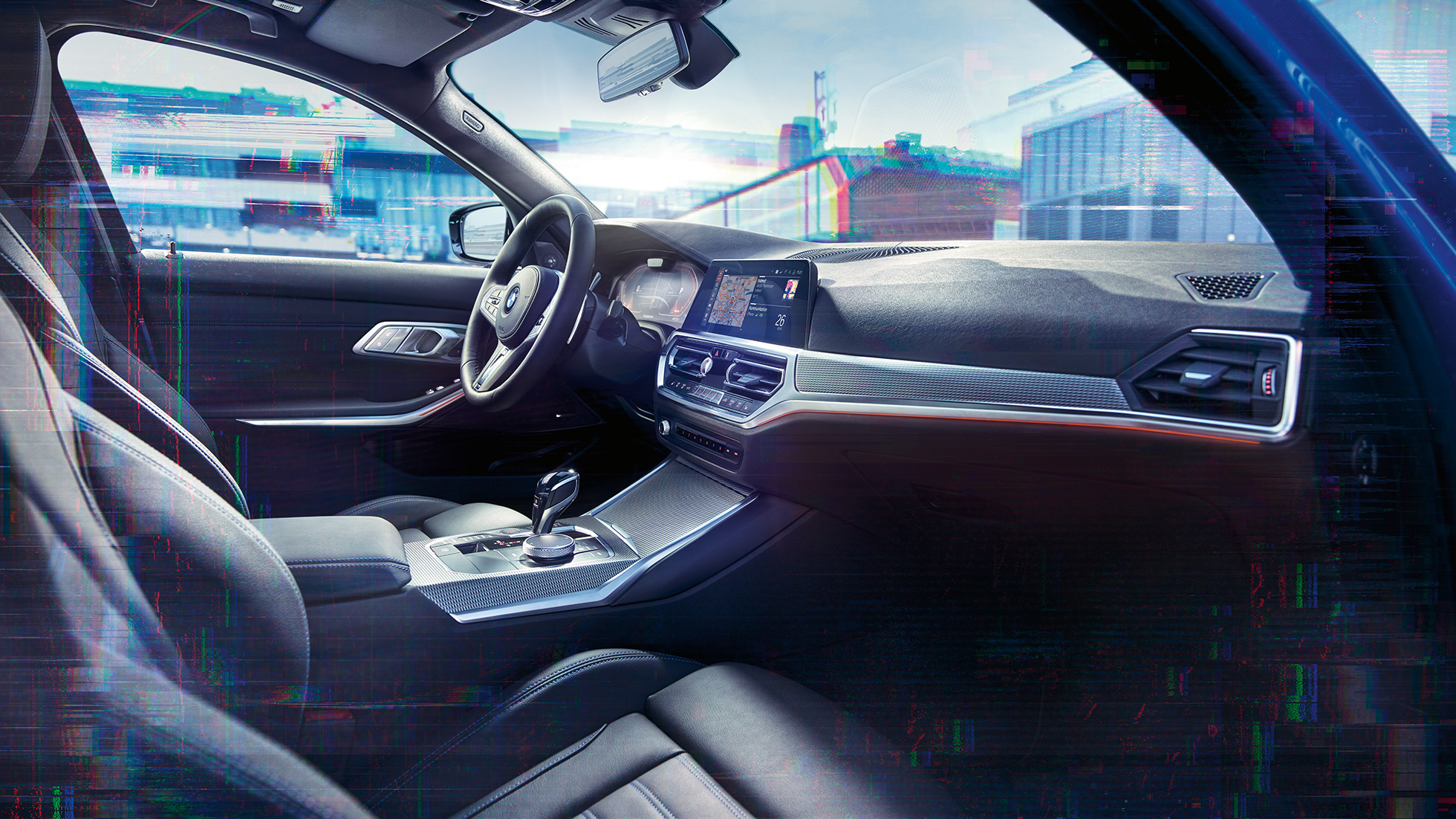 BMW 3-sarjan Sedan, BMW Live Cockpit Professional. Lähikuva BMW 3-sarjan Sedanin sisätilasta, autossa varusteena BMW Live Cockpit Professional.