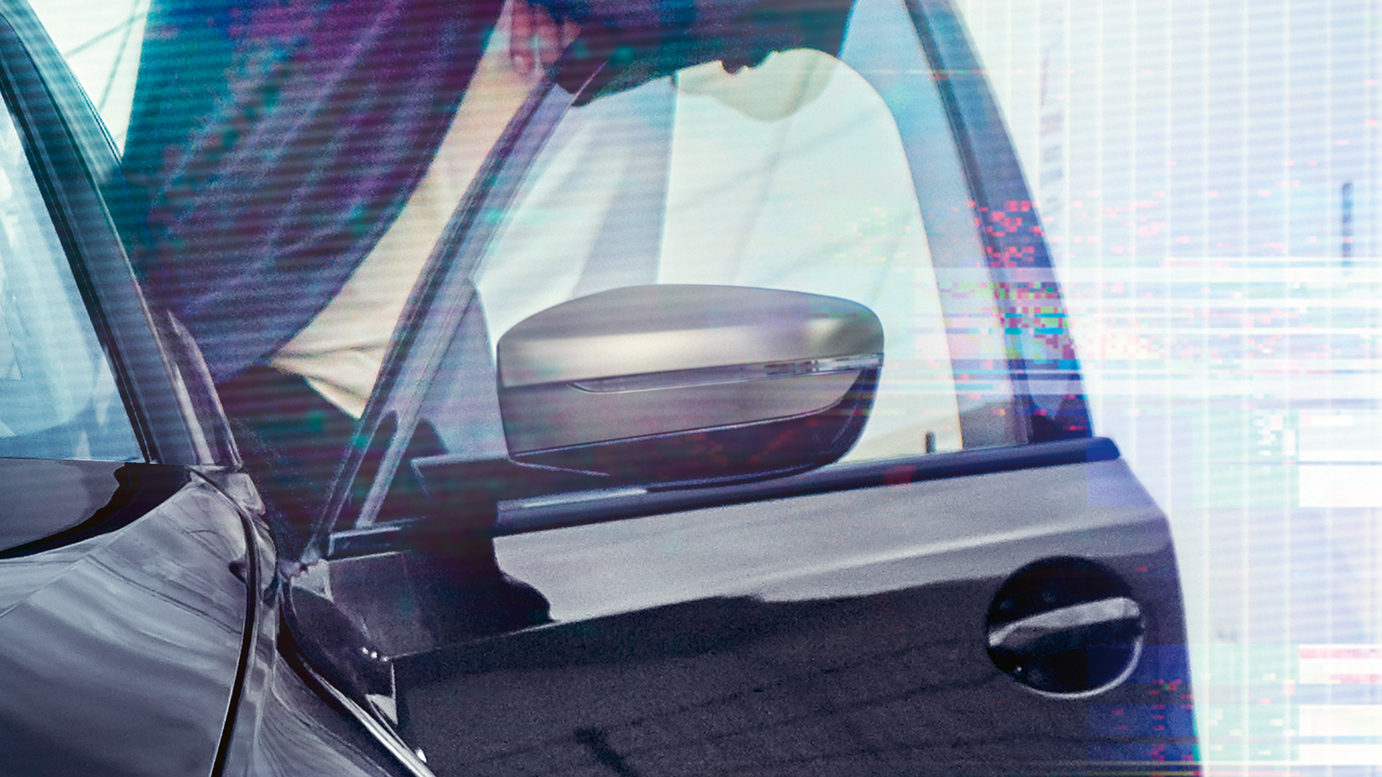 BMW 3-sarjan Sedan, ulkopeilikotelot. Yksityiskohtakuva avautusta kuljettajan ovesta ja Cerium Grey -metallivärisestä ulkopeilikotelosta.