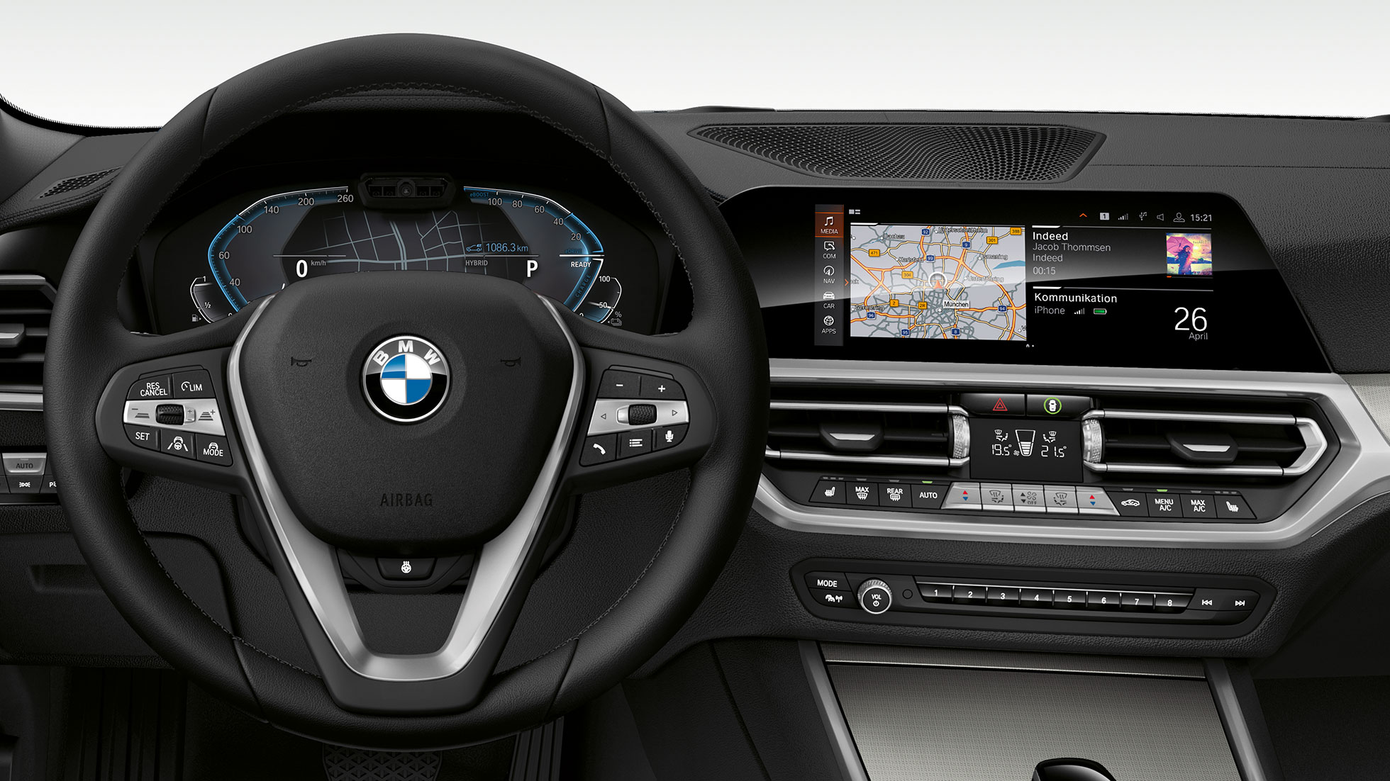 BMW 3-sarjan Sedan, mittaristo. Lähikuva edestäpäin BMW 3-sarjan Sedanin ohjaamosta ja i-tyylisestä näytöstä.