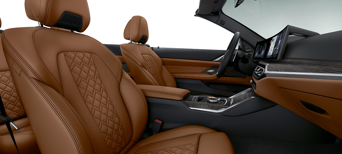 BMW Individual -täysnahkaverhoilu Merino Tartufo BMW 4-sarjan Cabrio Individual 2020 G23 sisätila BMW Individual -täysnahkaverhoilu Merino Tartufo BMW 4-sarjan Cabrio Individual G23 2020 sisätila ohjaamo