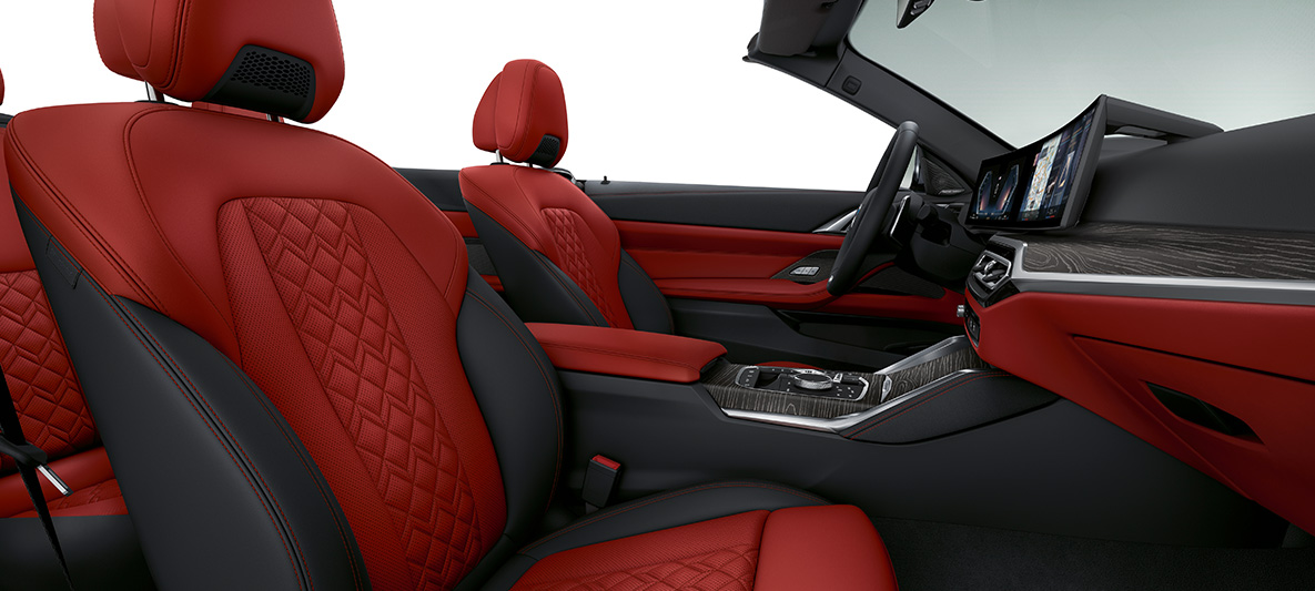 BMW Individual -täysnahkaverhoilu Merino Fiona Red / Black BMW 4-sarjan Cabrio Individual 2020 G23 sisätila BMW Individual -täysnahkaverhoilu Merino, värinä Fiona Red / Musta, BMW 4-sarjan Cabrio Individual G23 2020 sisätila ohjaamo