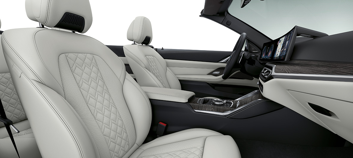 BMW Individual -täysnahkaverhoilu Ivory White BMW 4-sarjan Cabrio Individual G23 2020 sisätila BMW Individual -täysnahkaverhoilu Merino Ivory White BMW 4-sarjan Cabrio Individual G23 2020 sisätila