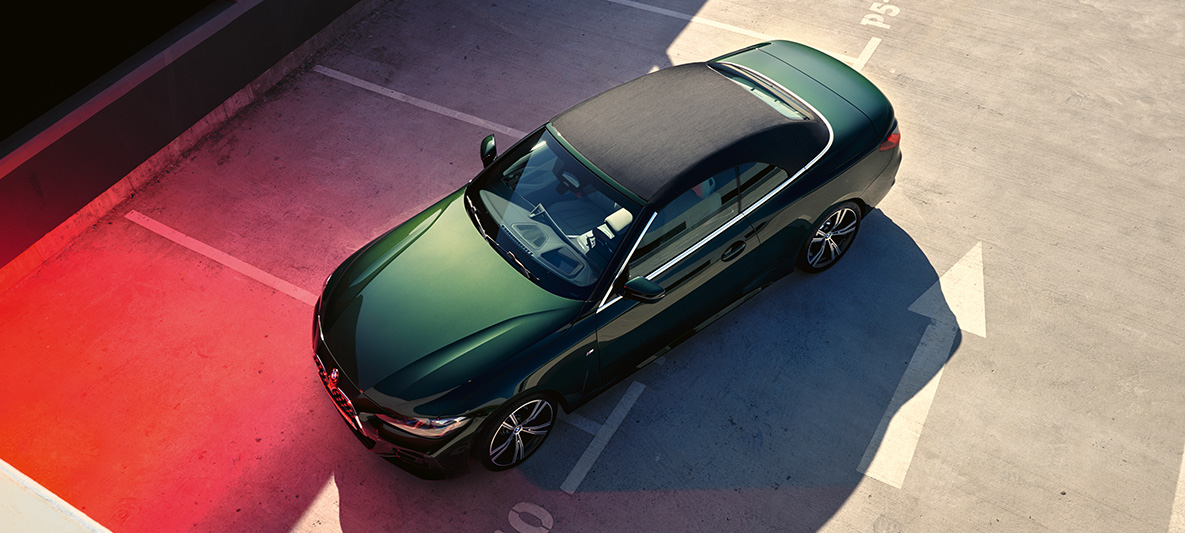 Softtop-katto kangaskatto BMW 4-sarjan Cabrio G23 2020 Softtop-katto kangaskatto BMW 4-sarjan Cabrio G23 2020 metalliväri Sanremo Green lintuperspektiivi