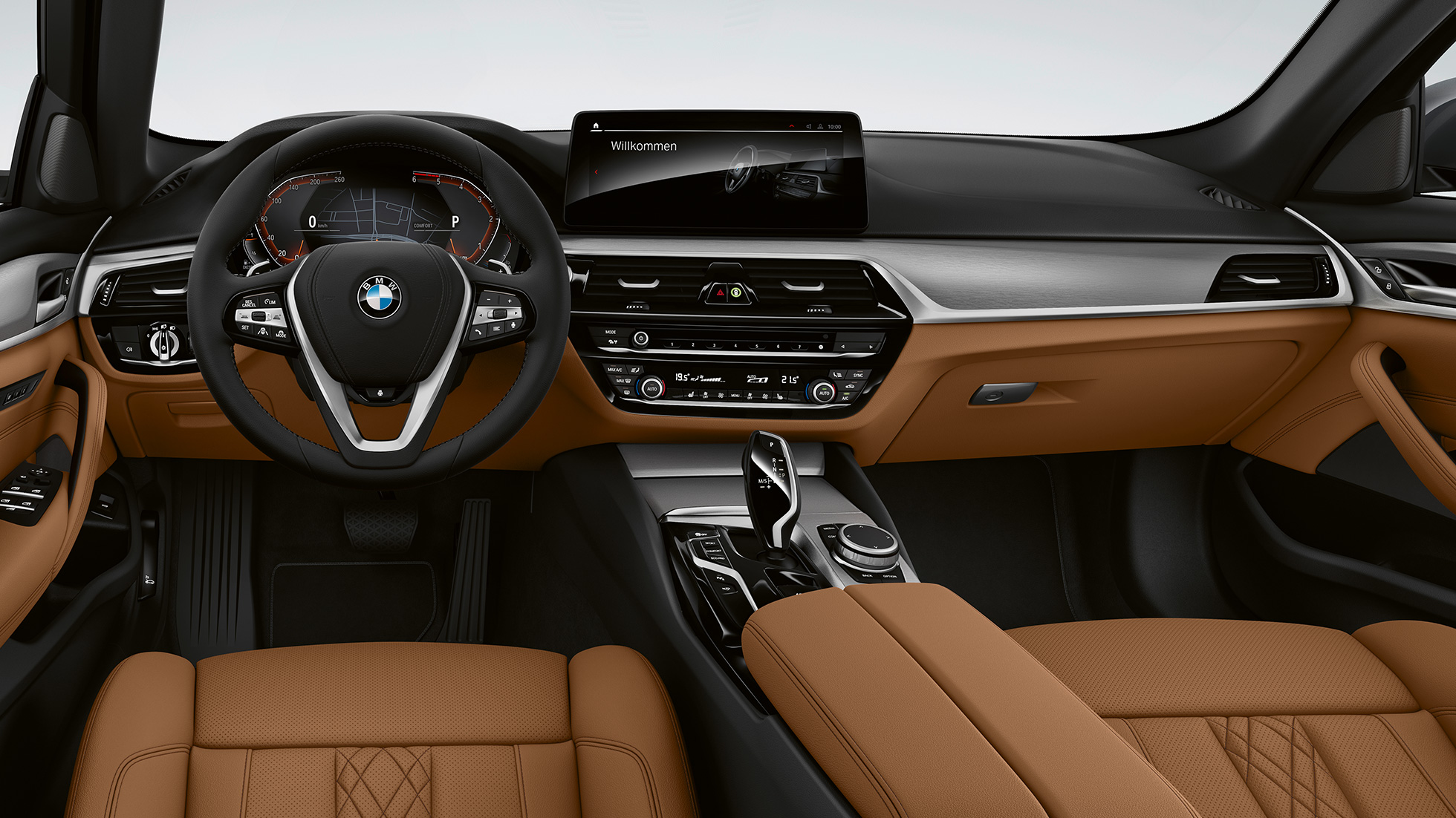 Ohjaamo BMW 5-sarjan Sedan G30 perusvarustelu Ohjaamo BMW 5-sarjan Sedan 540i G30 2020 perusvarustelu Sensatec Cognac, sisätila