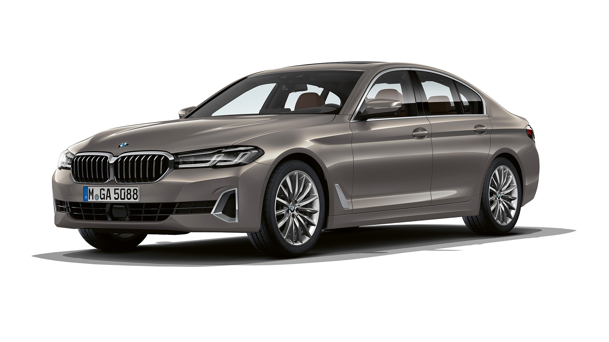 BMW 5-sarjan Sedan G30 Business Luxury etuosa BMW 5-sarjan Sedan 520d xDrive G30 2020 Business Luxury värissä Bernina Grey, kolmen neljäsosan näkymä etuosasta