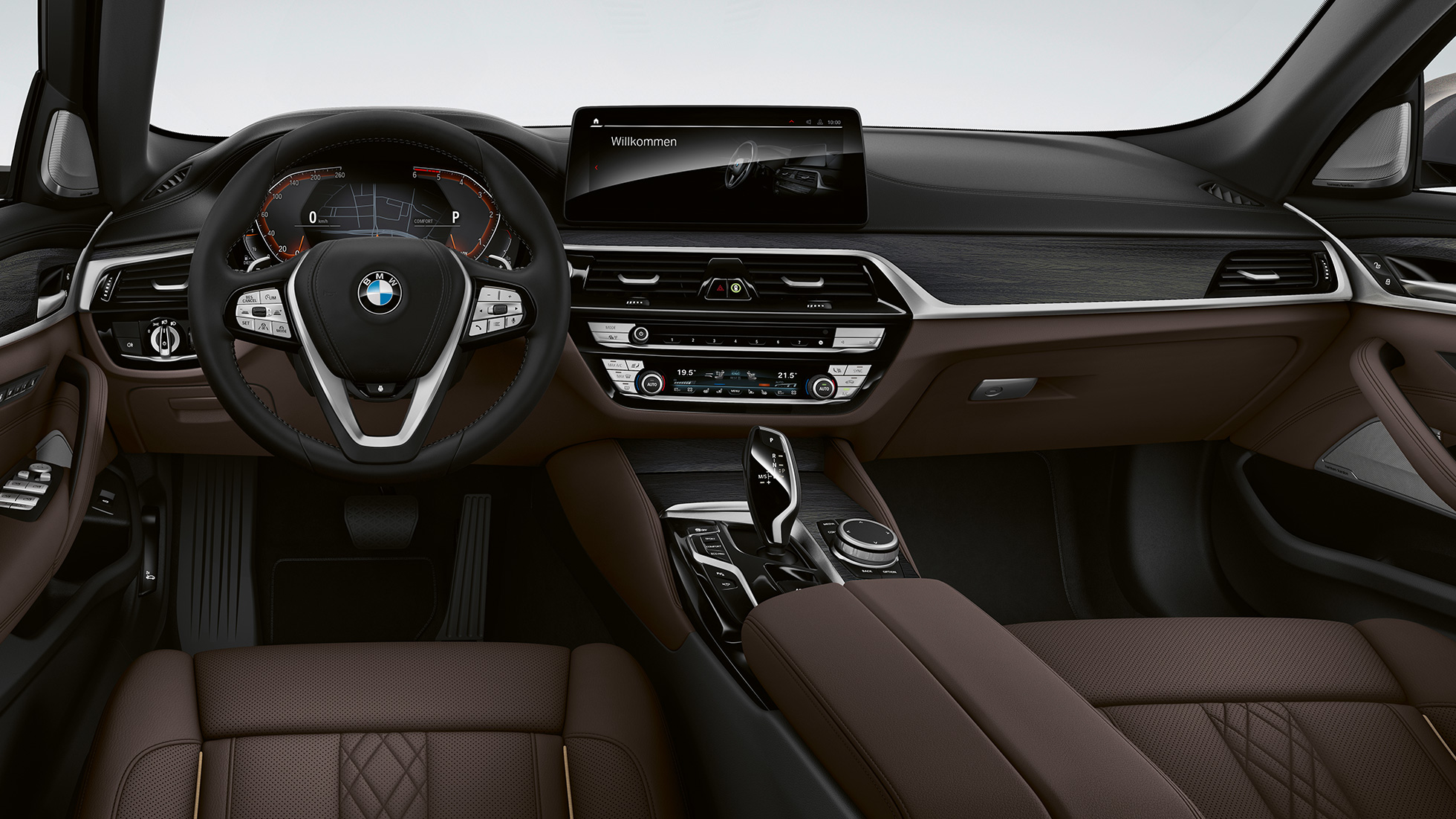 Ohjaamo BMW 5-sarjan Sedan G30 Business Luxury Ohjaamo BMW 5-sarjan Sedan 520d xDrive G30 2020 Business Luxury exclusive-nappanahka Mocca Exclusive-saumoin ja kontrastikoristeompeleet, sisätila
