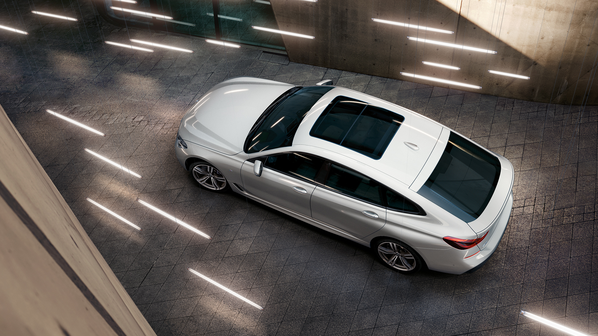BMW 3-sarjan Gran Turismo G32, lintuperspektiivi BMW 6-sarjan Gran Turismo G32 2017 metalliväri Mineral White, lintuperspektiivi