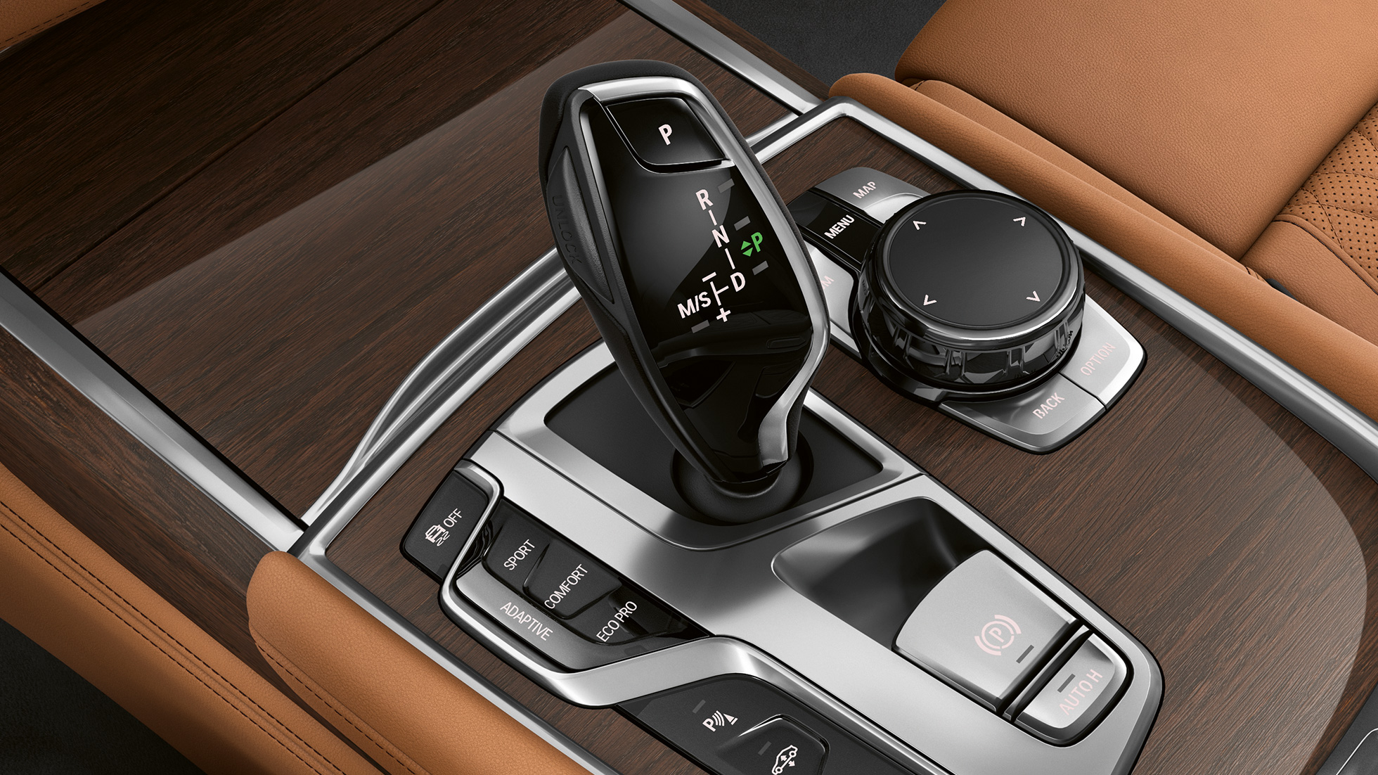 BMW 7-sarjan Sedan ja Pure Excellence -ulkovarustepaketti, valitsinvipu BMW 7-sarjan Sedan ja Pure Excellence -ulkovarustepaketti: Lähikuva valitsinvivusta