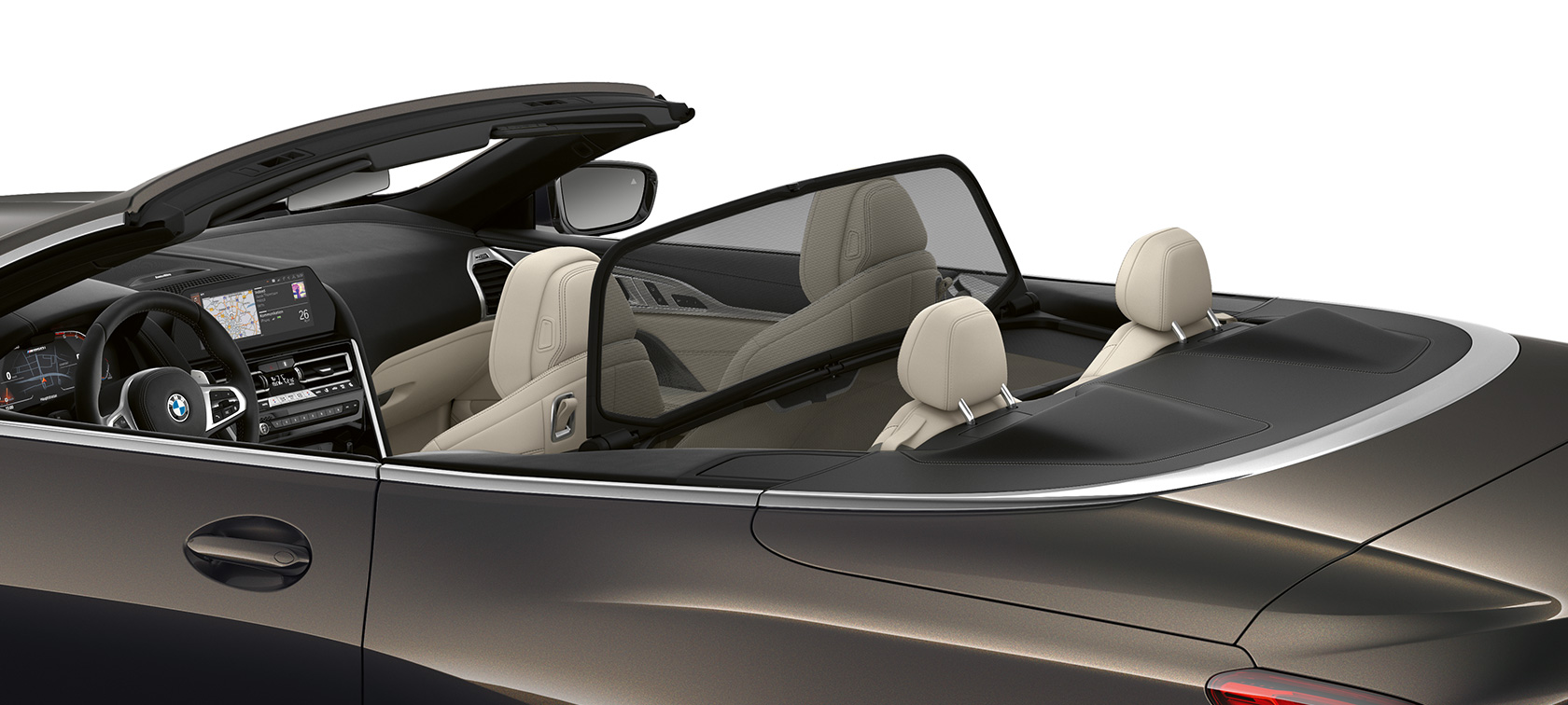 Dravit Grey -metallivärinen BMW M850i xDrive, avattu kangaskatto, sivultapäin kuvattuna. Dravit Grey -metallivärinen BMW M850i xDrive, avattu kangaskatto, sivultapäin kuvattuna.