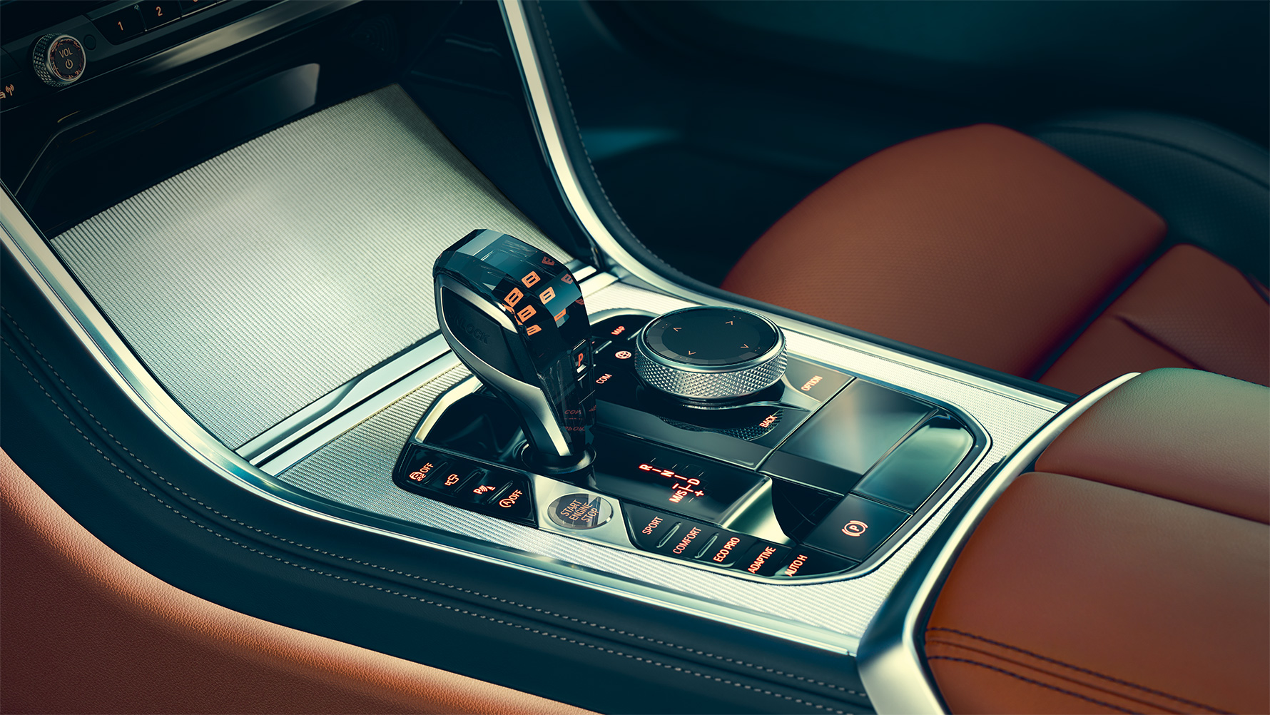 BMW 8-sarjan Coupé, keskikonsoli Lähikuva BMW 8-sarjan Coupén sisätilasta, keskipisteenä keskikonsoli.