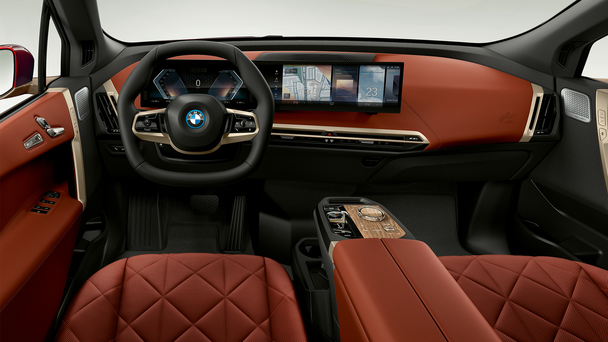 BMW iX, ohjaamo BMW iX i20, ohjaamo, sisävarustepaketti Suite Castanea
