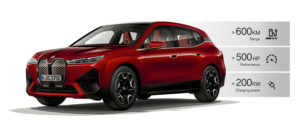 BMW iX, kolmen neljäsosan näkymä keulasta BMW iX Cashmere Silver i20, kolmen neljäsosan näkymä keulasta