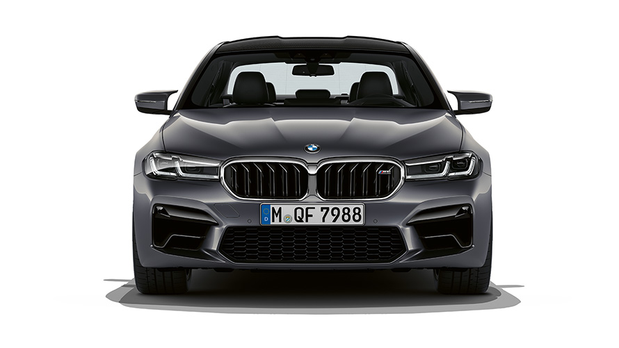 BMW M5 F90 LCI Facelift 2020 Brands Hatch Grey metallic, näkymä keulasta