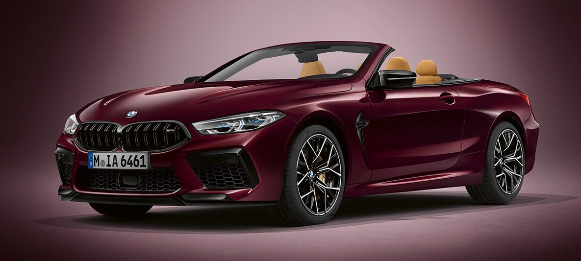 BMW Individual M8 Cabrio metallivärissä BMW Individual Ametrine. BMW Individual M8 Cabrio metallivärissä BMW Individual Ametrine, 3/4-näkymä edestä.