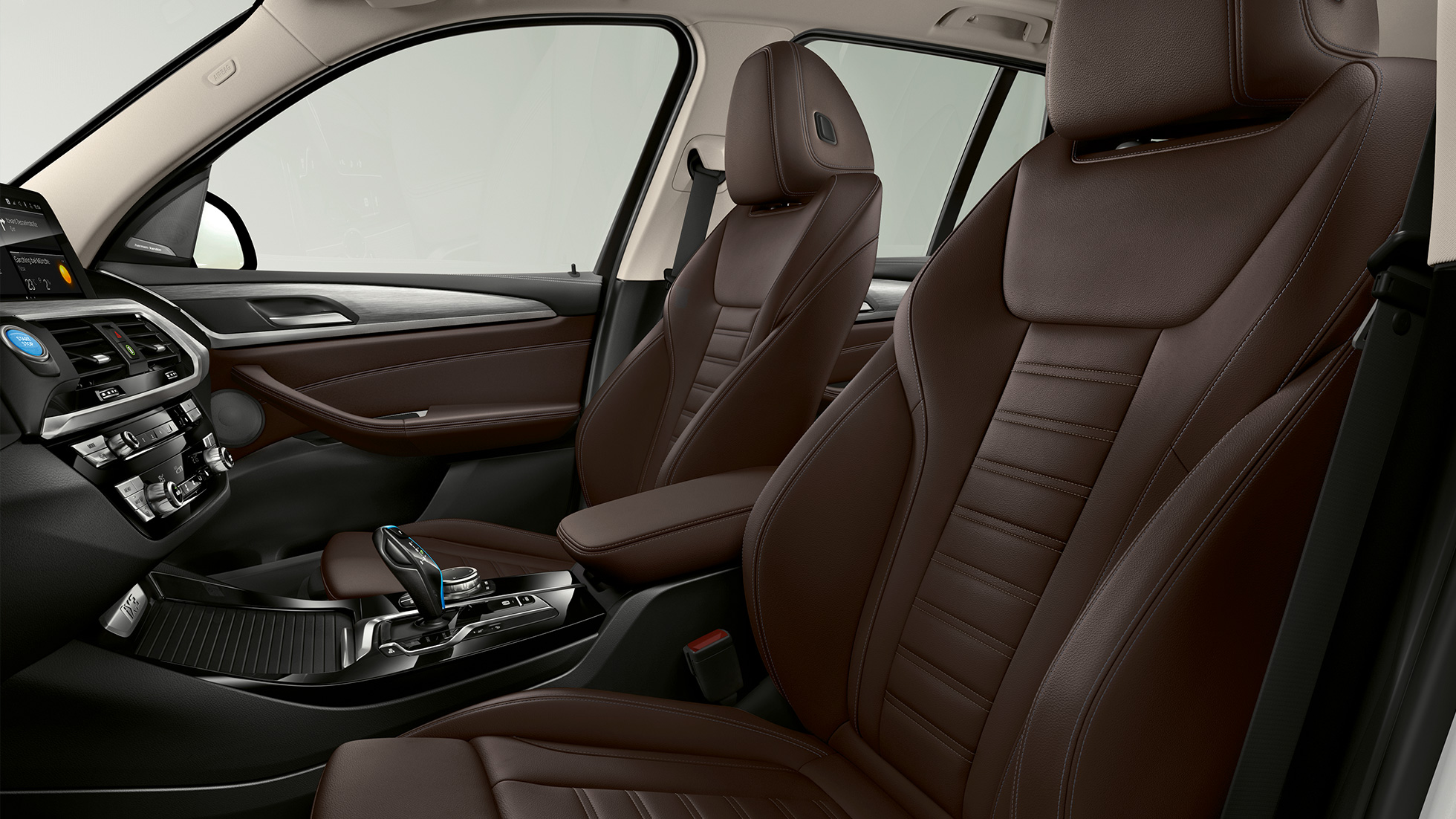 BMW iX3 G08, Impressive-varustelu, urheiluistuimet, joissa verhoiluna musta Vernasca-nahka BMW iX3 G08 2020, Impressive-varustelu, kuljettajan ja etumatkustajan urheiluistuimet, joissa verhoiluna musta Vernasca-nahka, sisätila