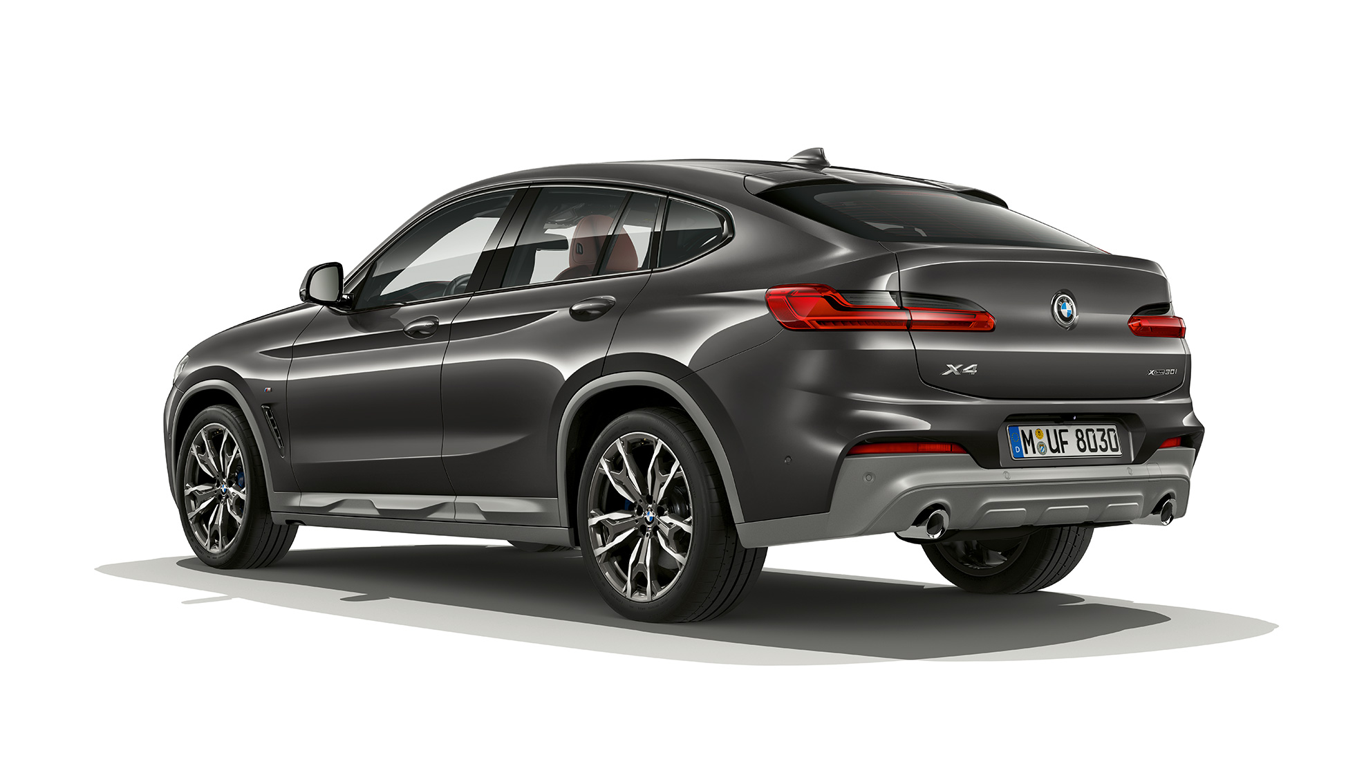 Kolmen neljäsosan näkymä takaosasta, BMW X4 Business M Sport X BMW X4 xDrive30i Business M Sport X G02 2018 Sophisto Grey Brilliant Effect, kolmen neljäsosan näkymä takaosasta