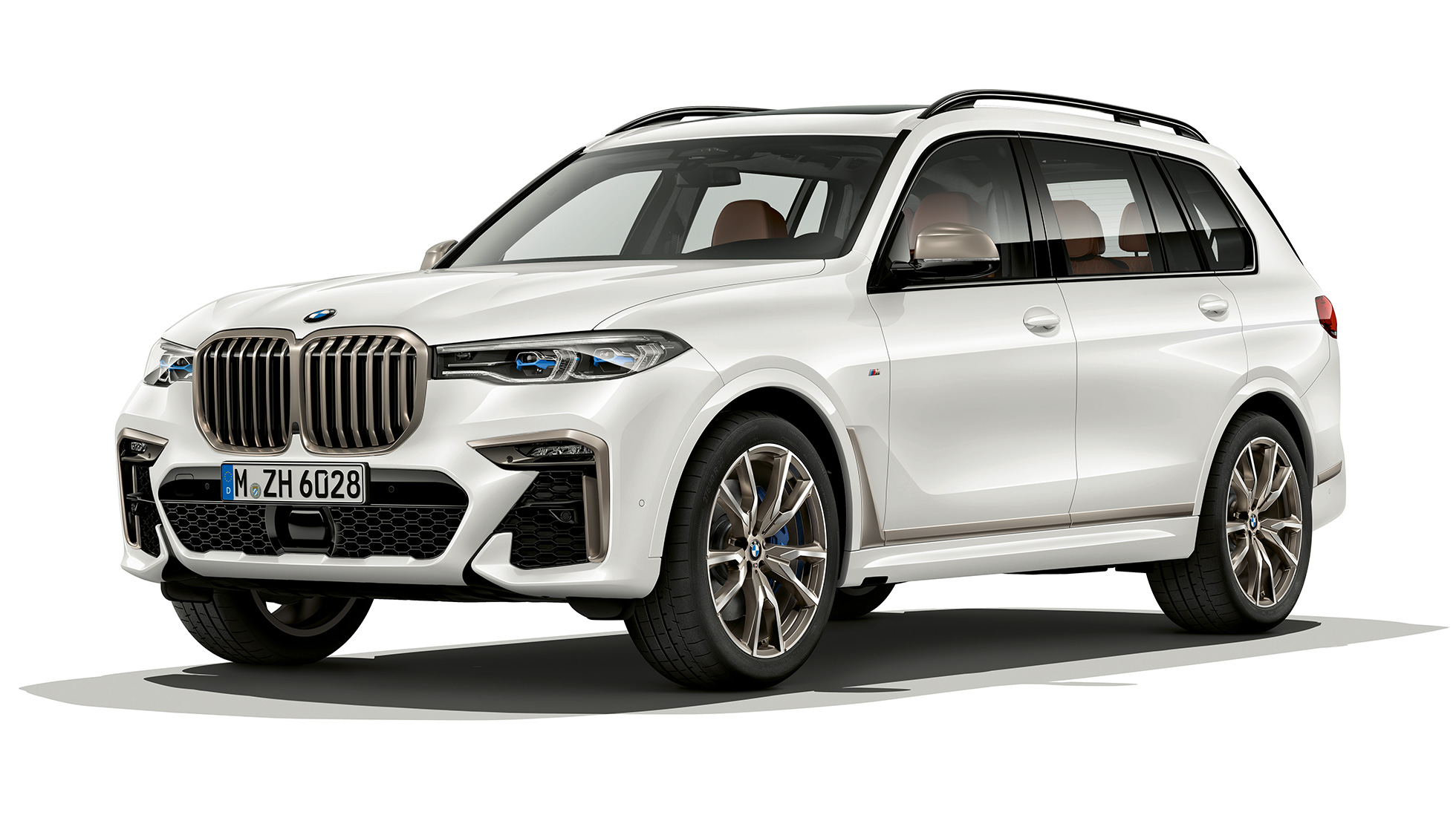 BMW X7:n malli BMW X7 M50d Kolmeneljäsosa-studiokuvassa edestäpäin BMW X7:n malli BMW X7 M50d