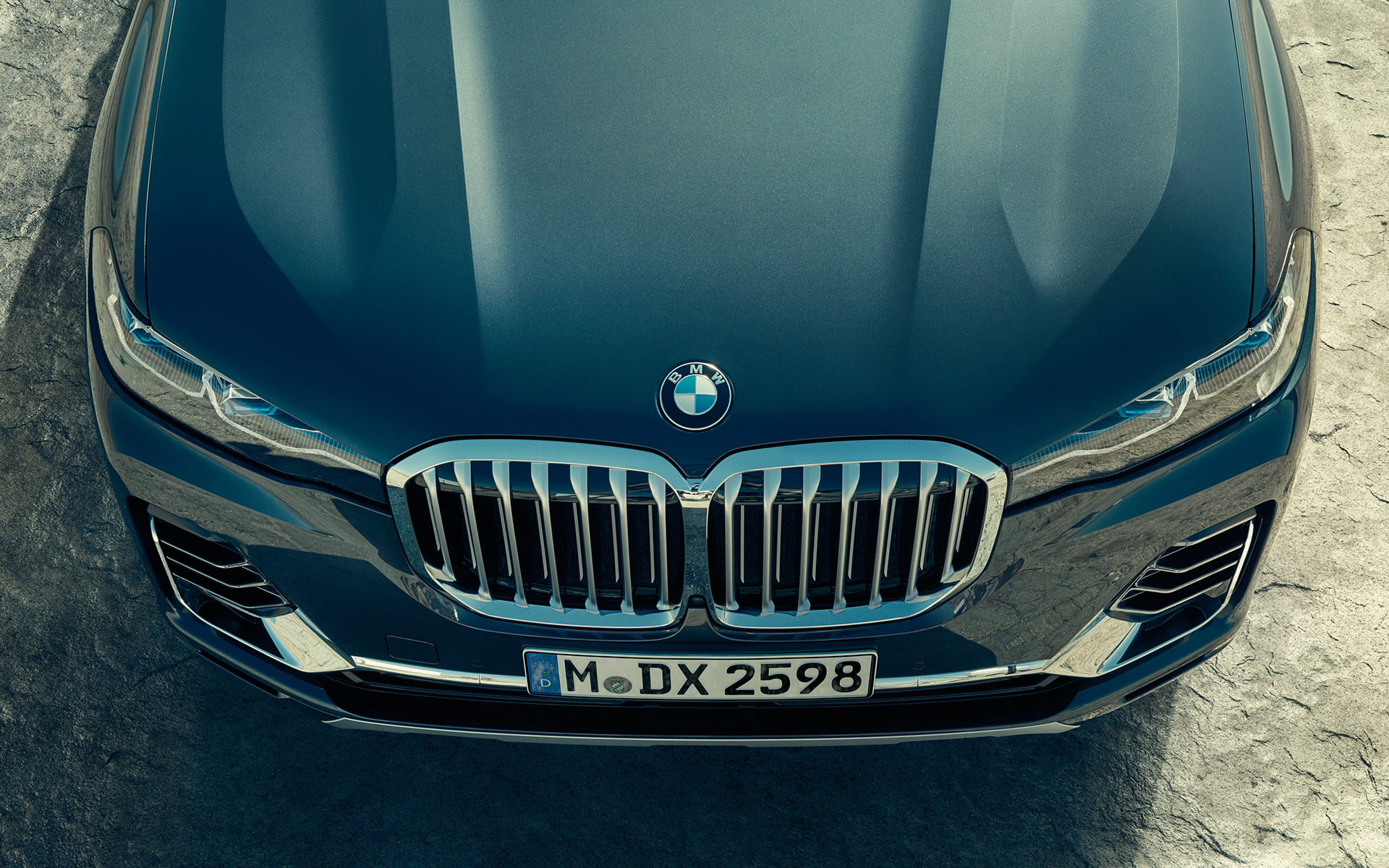 BMW X7 G07 2019, jäähdyttimen BMW-säleikkö, näkymä ylhäältä BMW X7 G07 2019, jäähdyttimen BMW-säleikkö, näkymä ylhäältä