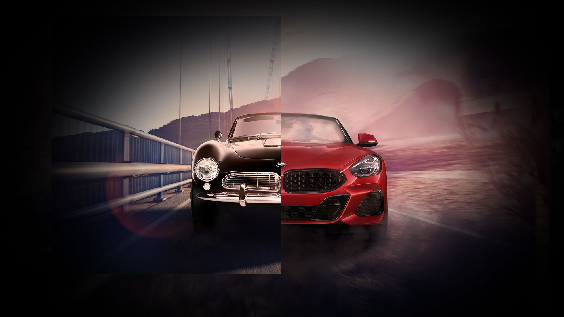 BMW 507 ja BMW Z4 Roadster Splitscreen-kuvassa musta BMW 507 ja BMW Z4 Roadster