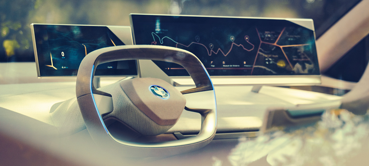BMW Vision iNEXT -auton sisätila BMW Vision iNEXT -auton sisätila: ohjauspyörä ja kojelauta