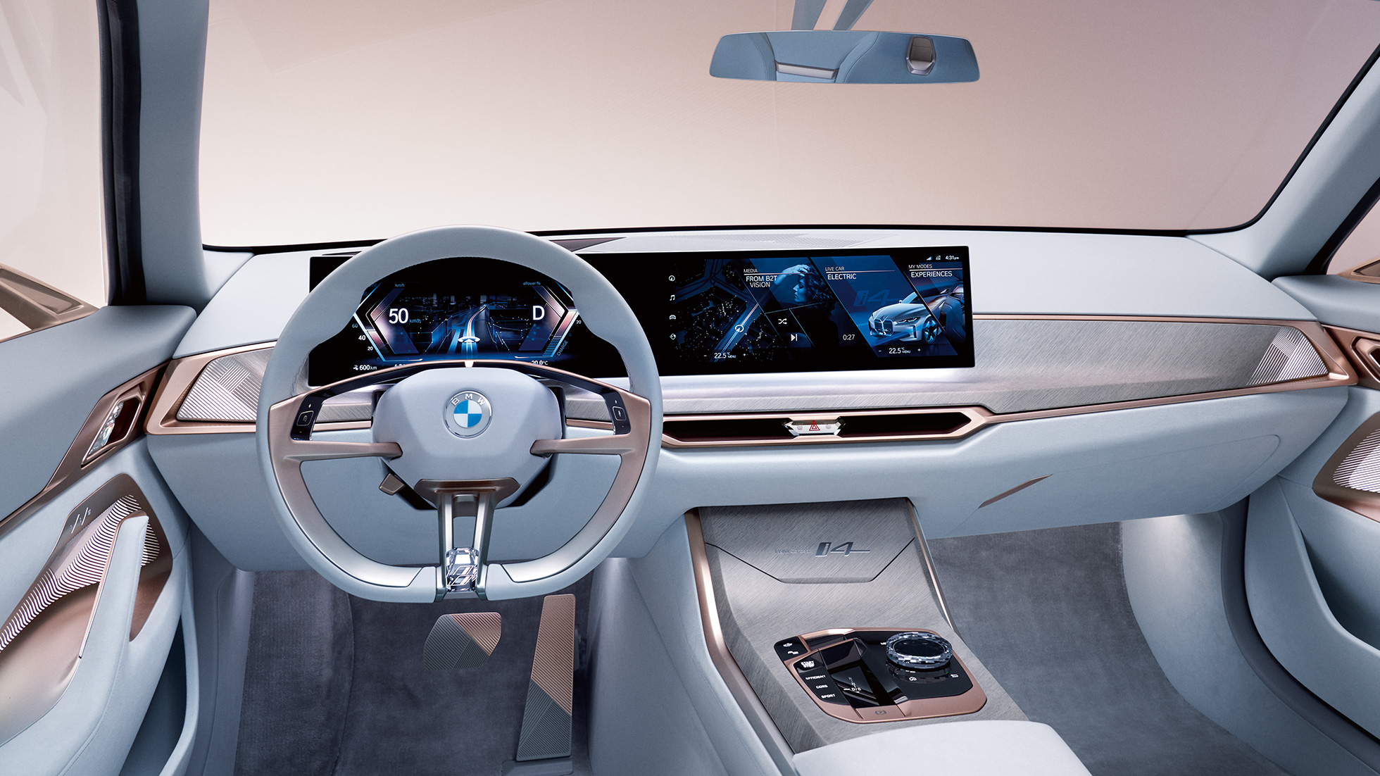 BMW Concept i4 2020 G26:n sisätila 1 BMW Concept i4 2020 G26 -sähköauton sisätila 1 – täyssähköinen BMW Gran Coupé