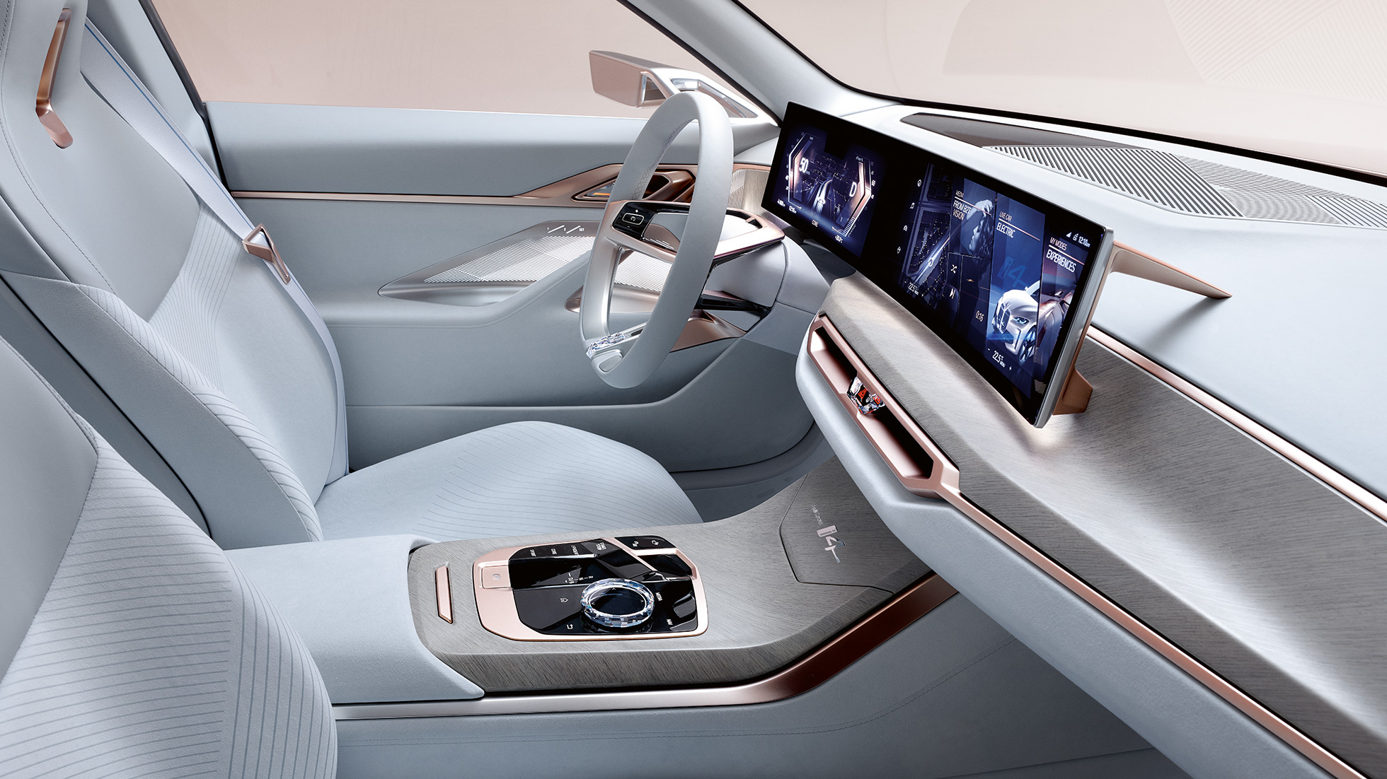 BMW Concept i4 2020 G26:n sisätila 2 BMW Concept i4 2020 G26 -sähköauton sisätila 2 – täyssähköinen BMW Gran Coupé