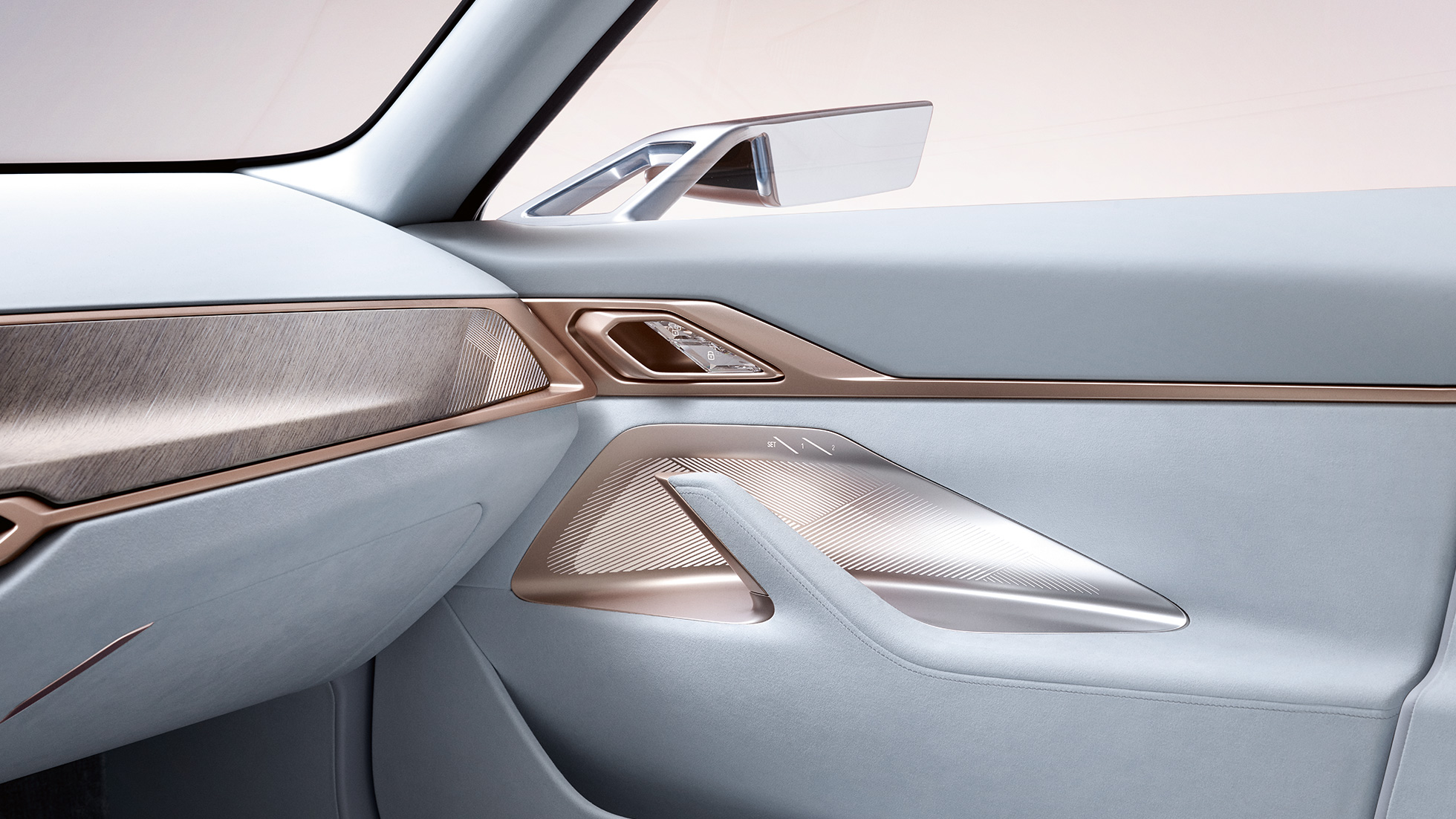 Sisätila 4 BMW Concept i4 2020 G26 Sisätila 4 BMW Concept i4 2020 G26 sähköauto täysin sähköinen BMW Gran Coupé lähikuva ovi sivupeilillä
