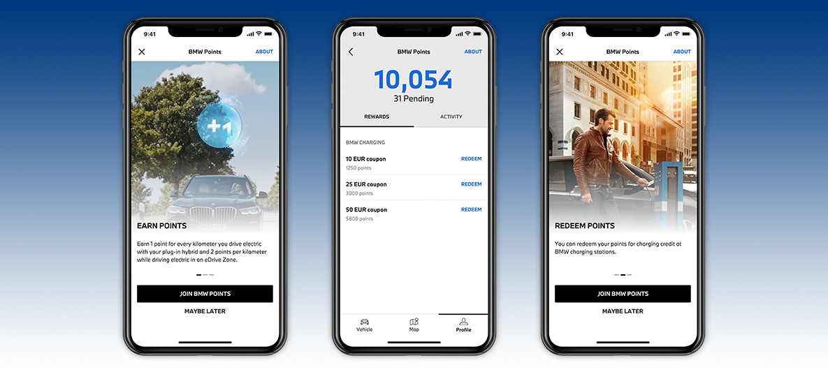 My BMW -sovellus, sähköinen ajaminen ja BMW Pointsien kerääminen, älypuhelimen näyttö My BMW -sovellus, sähköinen ajaminen ja BMW Pointsien kerääminen, älypuhelimen näyttö